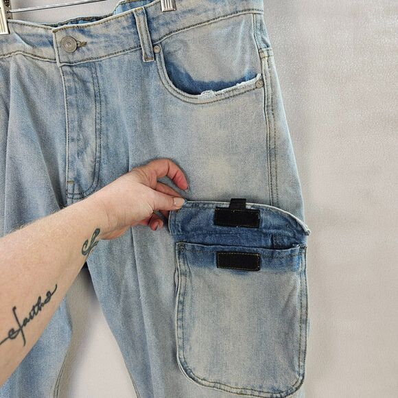 NWT Boohoo Man Mens 42 Ice Blue Denim Jean Plus Skinny Rigid Stacked Print Cargo - Picture 10 of 16